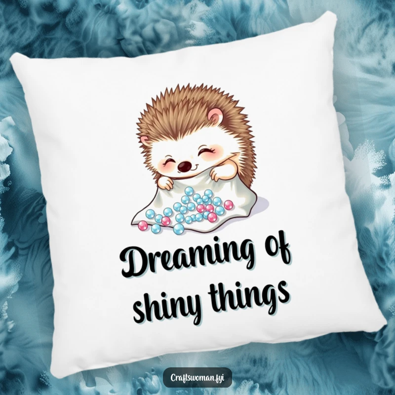 Funny hedgehog pillow showing a cheerful character carefully arranging sparkling beads onto a piece of cloth, cozy and cute.