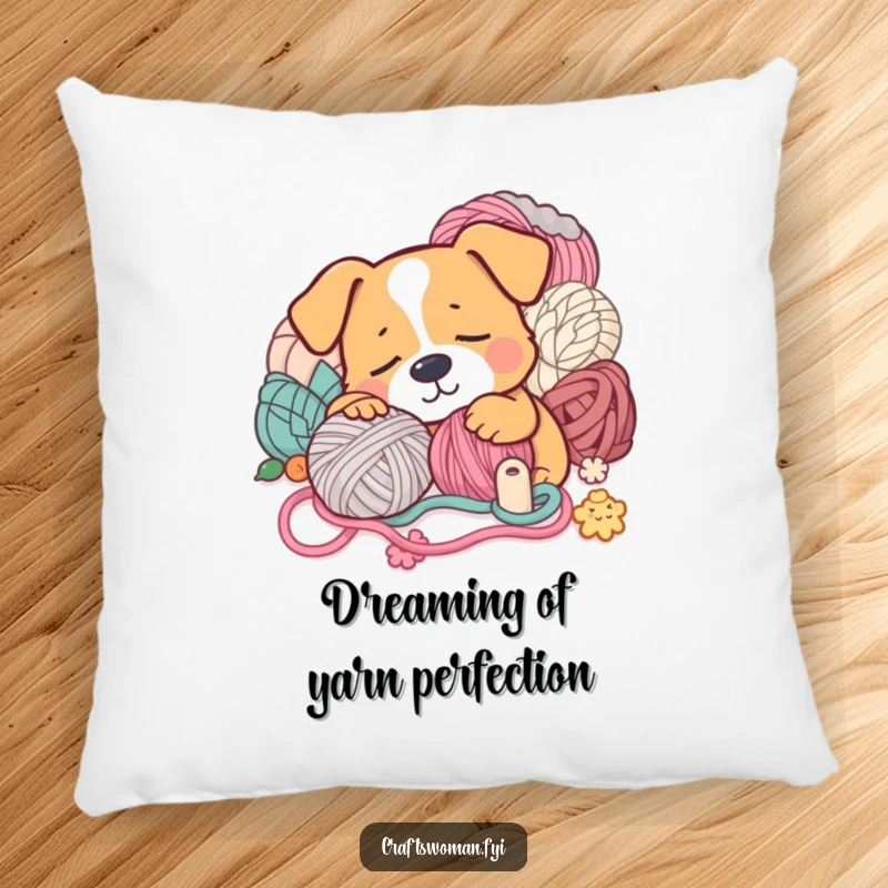 Funny Pillow: A sleepy dog snoozes with yarn, a comfortable and humorous decor piece for crafters.