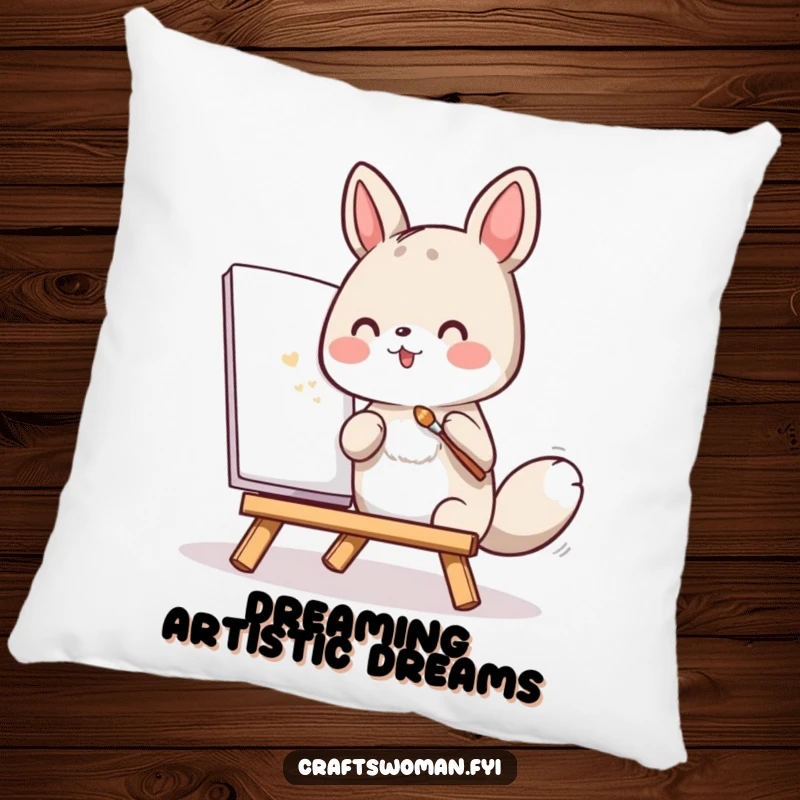 Funny pillow with an animal character painting with a tiny brush, bringing cozy artistic vibes.