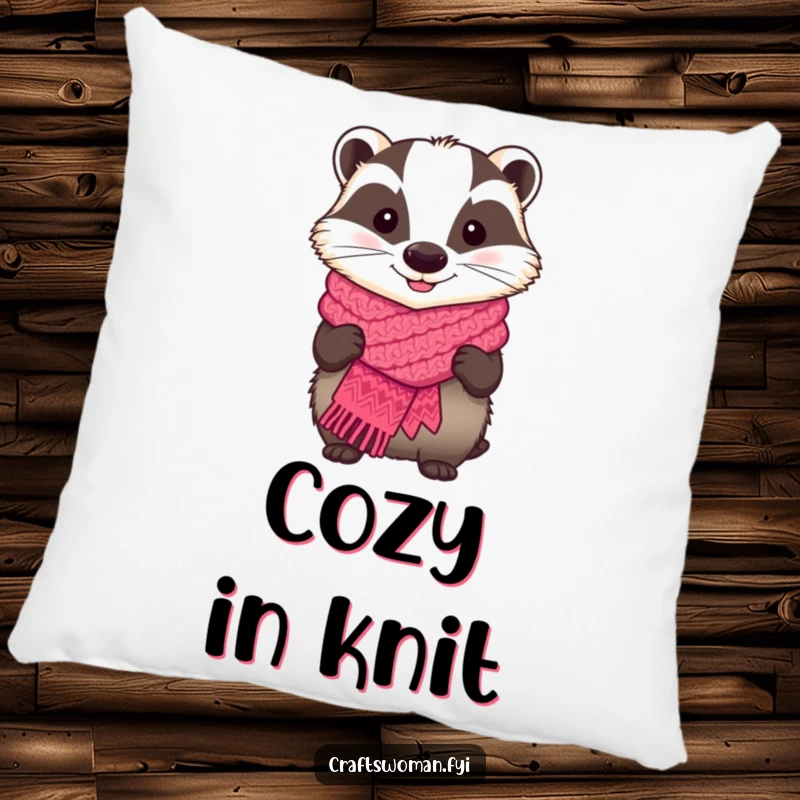 Funny pillow featuring a happy badger holding a handmade knitted scarf, perfect for cozy relaxation.