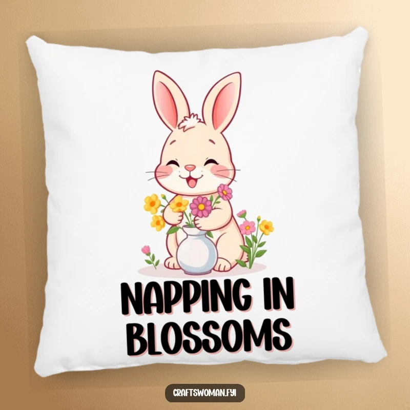 Funny bunny pillow design of a giggling bunny arranging a vase of flowers, providing comfort and cheerful decor.