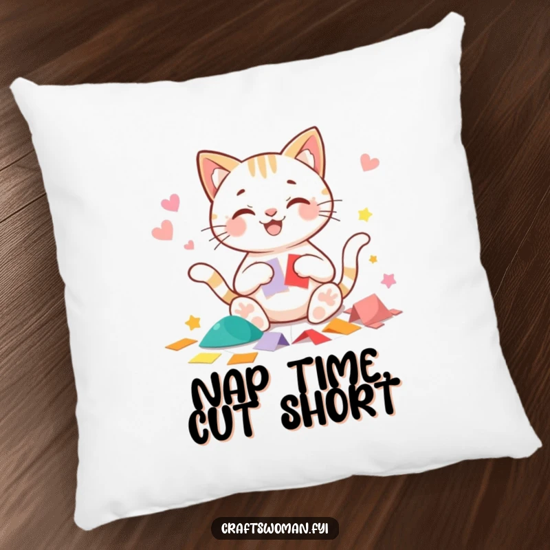 Funny cat pillow featuring a beaming cat character happily cutting precise shapes from colorful paper, perfect for cozy spots.