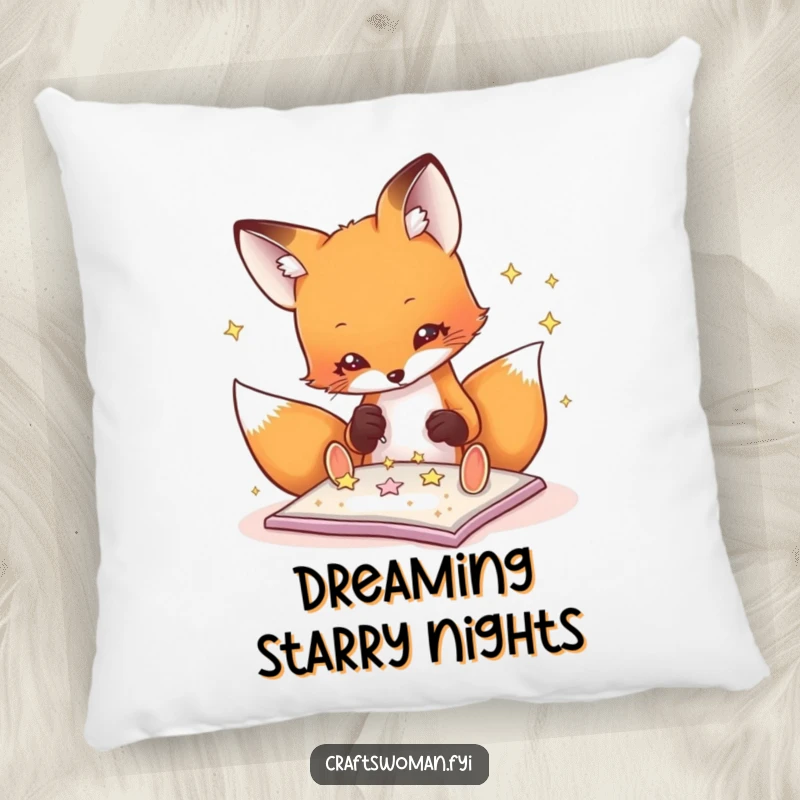 Funny fox pillow design of a playful fox carefully gluing glitter stars, providing comfort and creative inspiration.