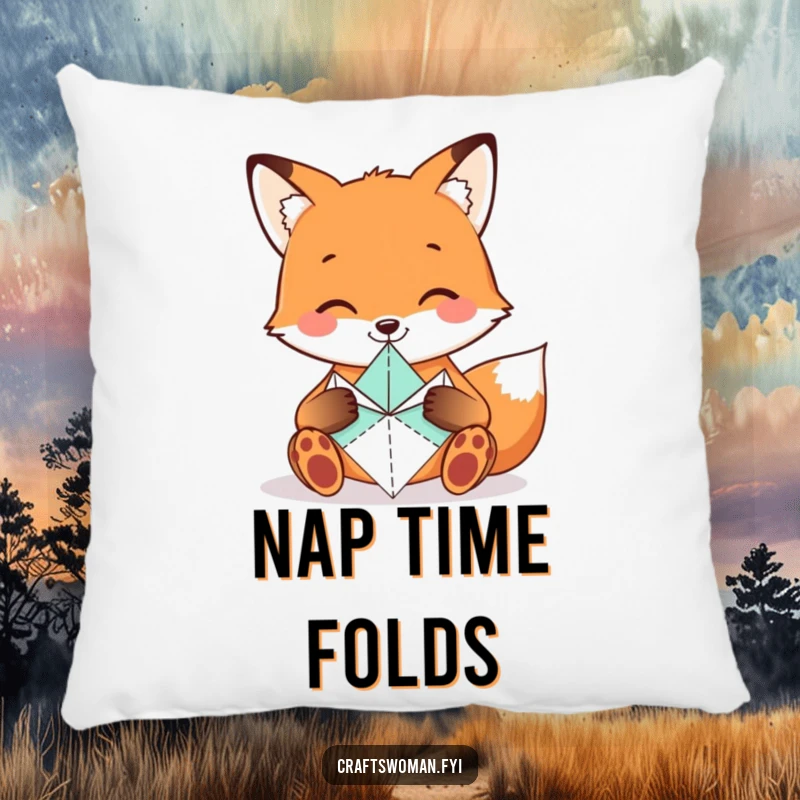 Funny Fox Pillow showing a smiling fox folding origami shapes with tiny paws, a comfortable and artistic decor item.