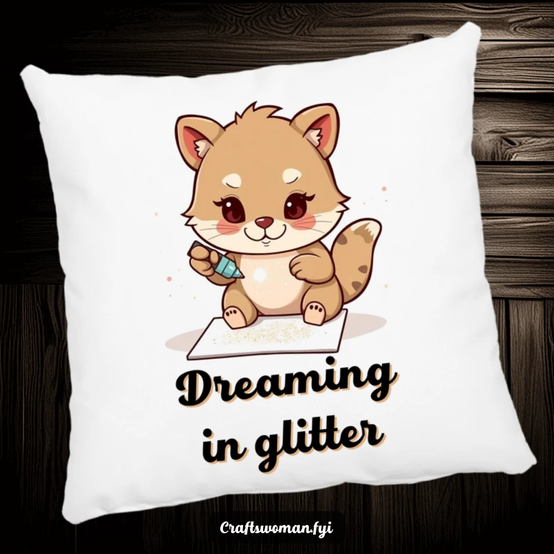 Funny Glitter Craft Pillow: A determined animal character glues sparkling glitter onto a handmade card, adding humor and sparkle to home decor.