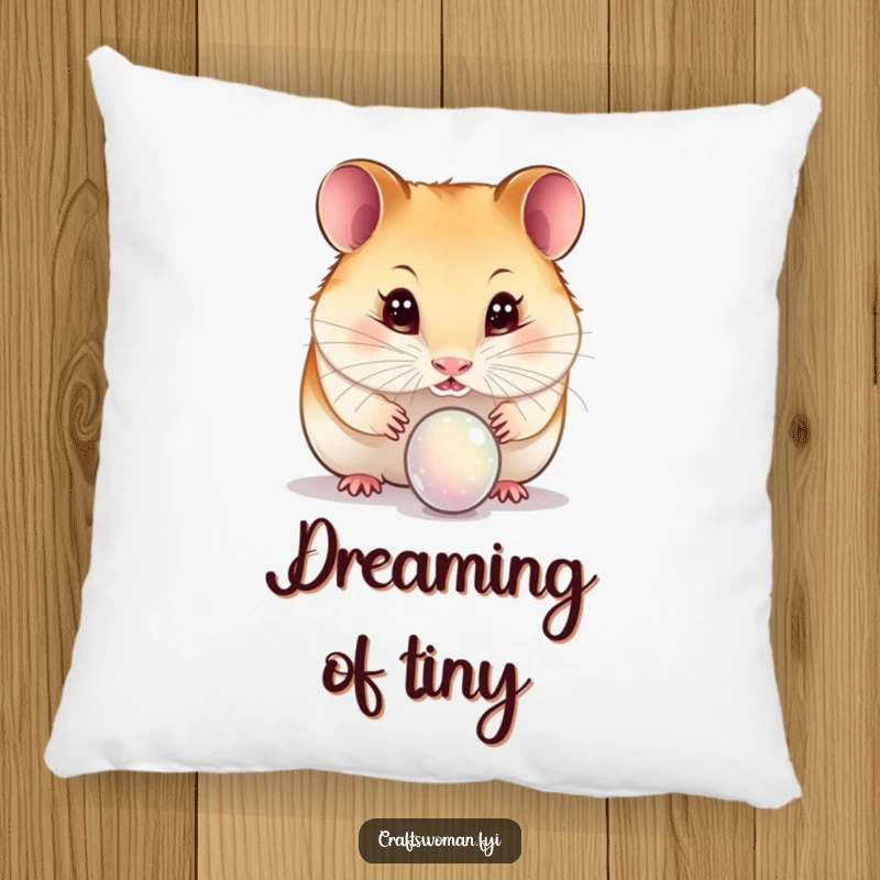 Funny hamster pillow with a curious hamster character inspecting a tiny bead with sparkling, wide eyes, providing plush comfort.