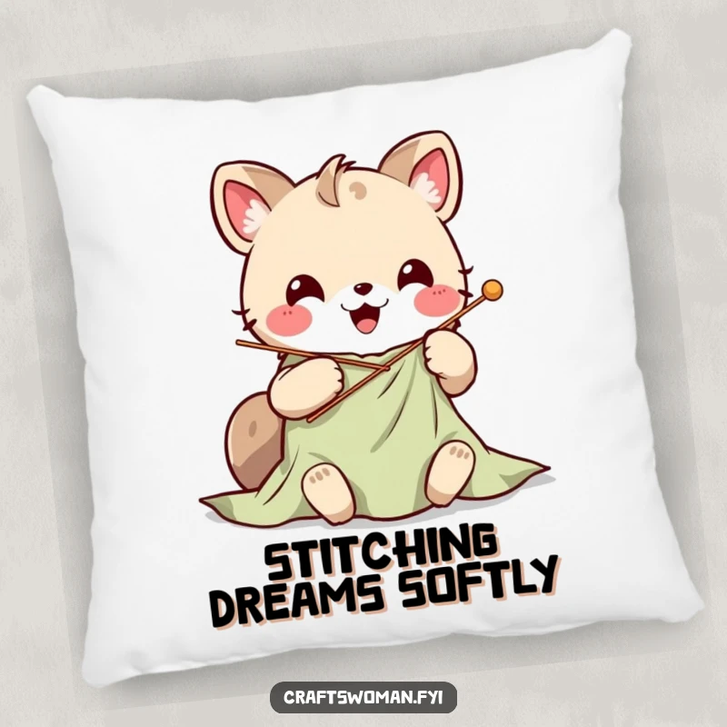 Cute Kawaii animal character stitching vibrant fabric with a large needle, designed on a plush pillow for cozy relaxation.