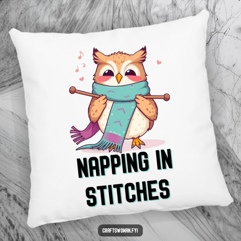 Funny knitting owl pillow with a joyful owl character happily knitting a colorful scarf, providing plush comfort and craft cheer.