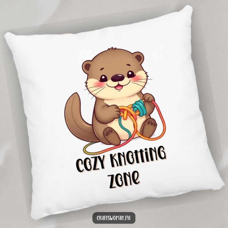 Funny otter pillow featuring a smiling otter busy knotting colorful yarn into a playful artistic design, soft and decorative.