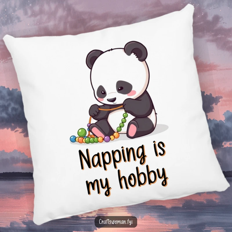 Funny Pillow: Focused panda character calmly arranging beads on a string, adding gentle humor to decor.