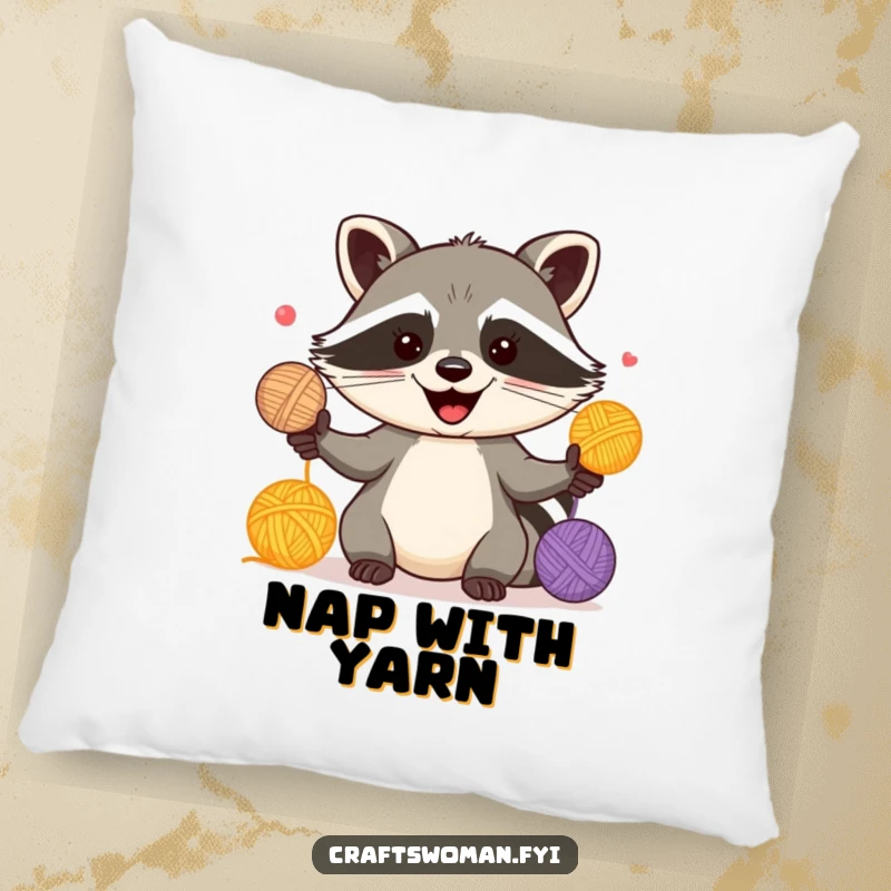Funny pillow featuring a happy raccoon juggling colorful yarn balls, perfect for cozy knitting nooks.
