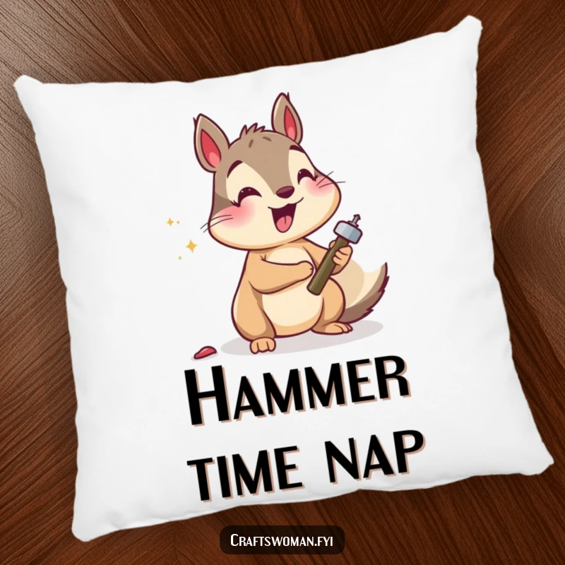 Funny squirrel pillow design of a content squirrel hammering a tiny nail, providing comfort and comedic relief.