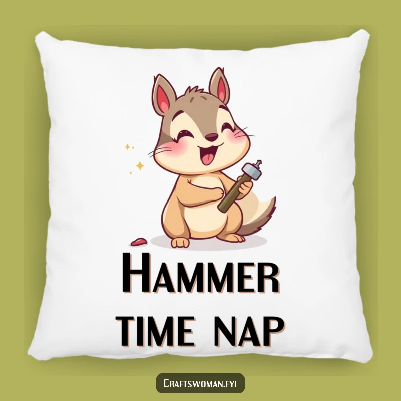 Funny Squirrel Hammering Pillow: Cozy and Hilarious Accent for Couch or Bed