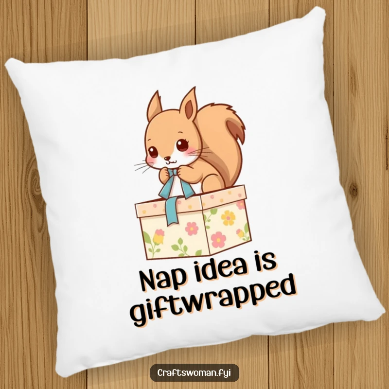 Funny pillow featuring a fluffy squirrel meticulously tying a ribbon on a festive gift box, perfect for adding a cozy and humorous touch.