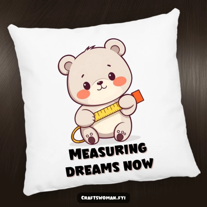 Funny bear with a tape measure, looking focused, printed on a soft pillow, adding DIY humor to any room.
