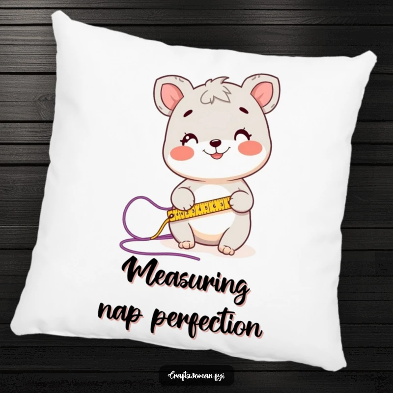 Funny pillow featuring a happy animal character measuring yarn with a tape measure, adding comfort and humor to home decor.