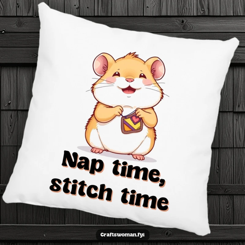 Funny hamster pillow showing a joyful character sewing a tiny, colorful patch onto a small garment, cozy decor.