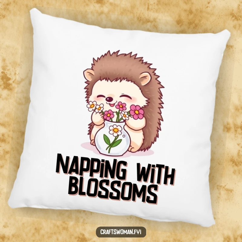 Funny giggling hedgehog arranging flowers in a tiny vase, printed on a soft pillow, adding natural humor.
