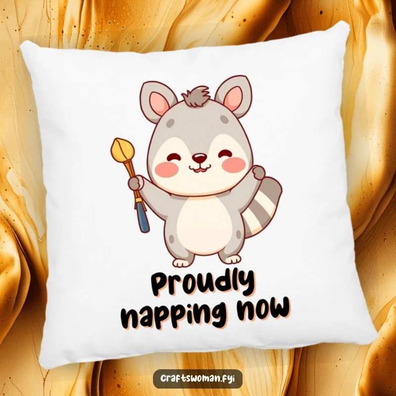 Funny pillow featuring a cheerful animal character resting near a colorful, finished craft, adding humor to home decor.