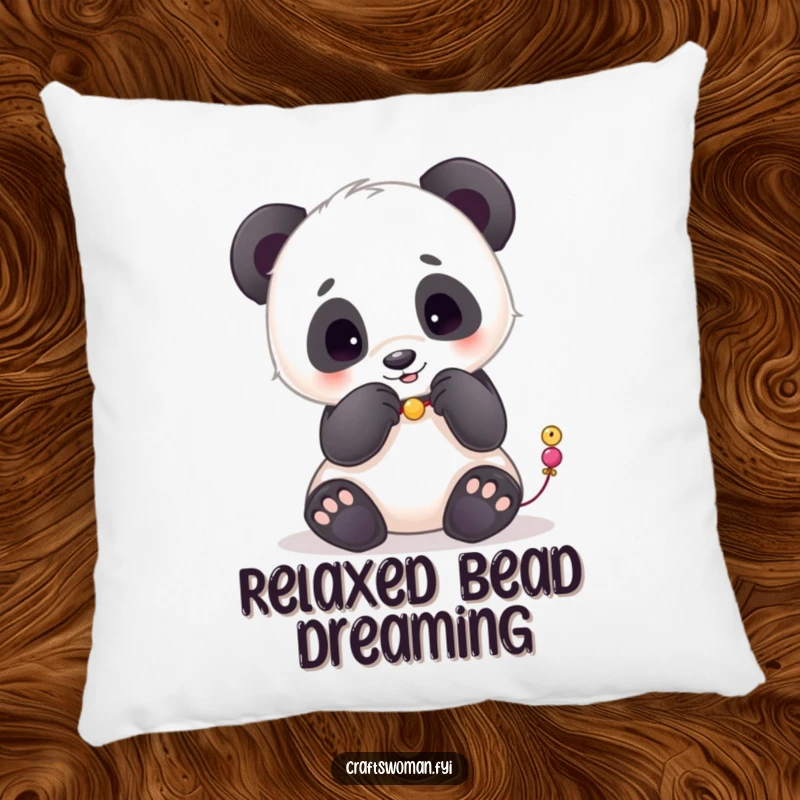 Funny pillow featuring a playful panda carefully placing beads onto a string with its paws, adding comfort and art.