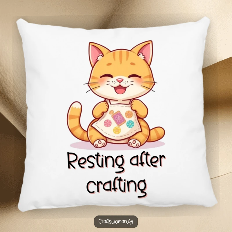 Funny Cat Pillow: A happy cat wearing a tiny apron joyfully stitches a colorful patch, adding a touch of cozy, happy energy.