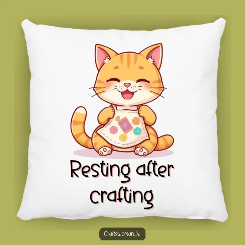 Funny Cat Pillow: Joyful Stitcher in Apron, Cozy & Hilarious Gift