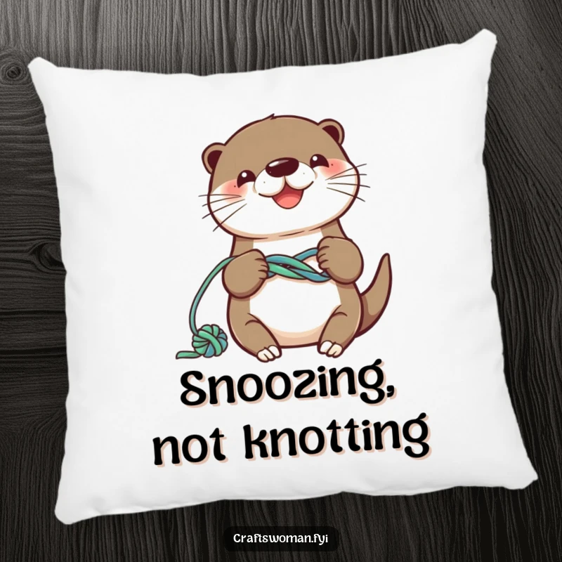 Funny otter pillow showing a smiling character knotting colorful yarn into a playful design, cozy and cute.