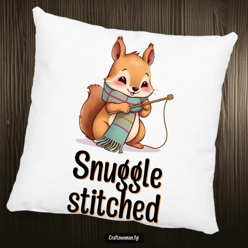 Funny Pillow with a cute squirrel happily stitching a vibrant scarf on a large needle, for ultimate comfort.