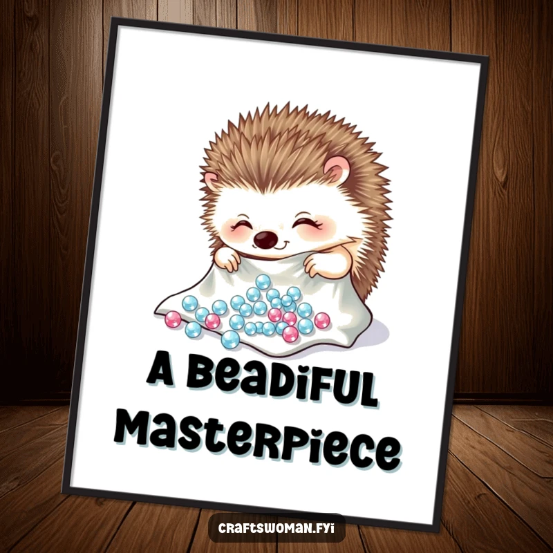 Funny hedgehog digital art print of a cheerful character carefully arranging sparkling beads onto a piece of cloth.