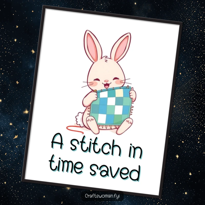 Funny digital art print of a joyful rabbit character diligently stitching a tiny patchwork quilt, perfect for whimsical decor.