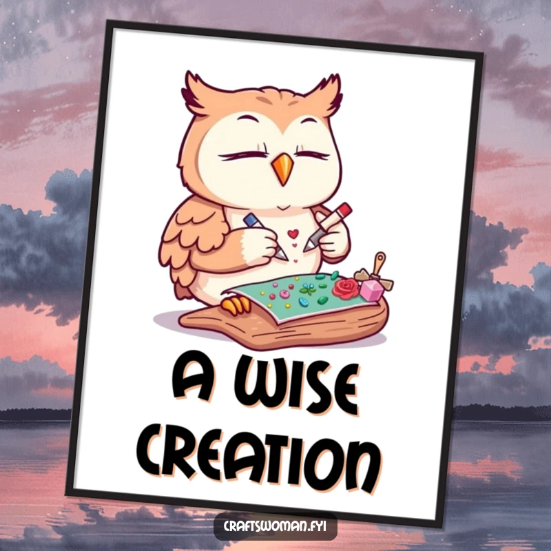 Funny owl digital art print of a content owl meticulously gluing decorative elements onto a craft project, ready for download.