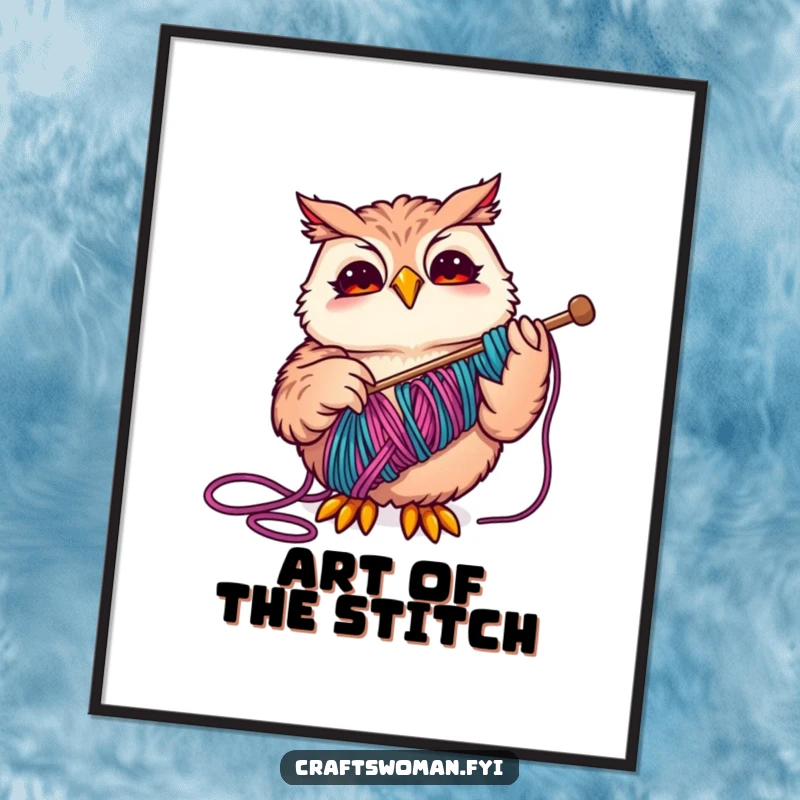 Funny Owl Digital Art Print of a joyful owl expertly threading colorful yarn, perfect for whimsical and humorous home decor.