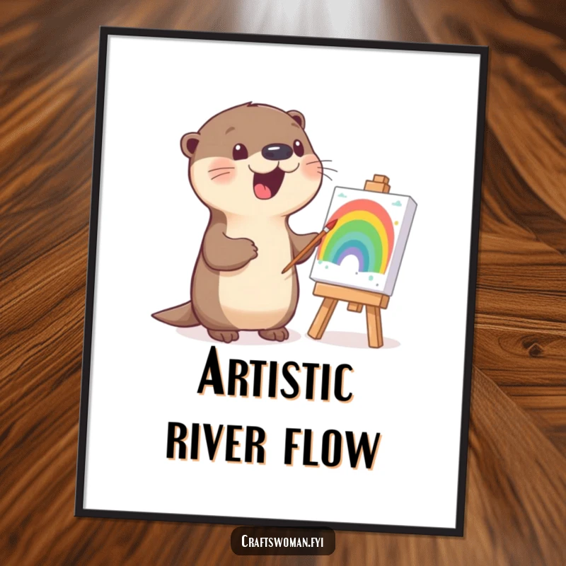 Funny otter digital art print of a happy otter enthusiastically painting a vibrant rainbow, adding artistic joy.