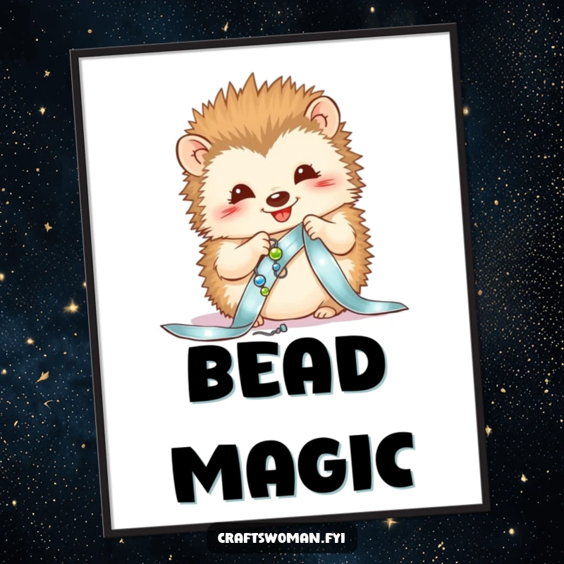Funny digital art print of a happy hedgehog sewing beads onto a ribbon, ready to adorn walls.