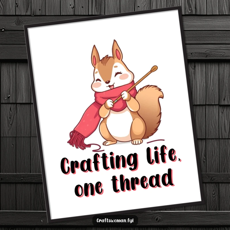 Funny squirrel digital art print of a cute character happily stitching a vibrant scarf with a large needle.