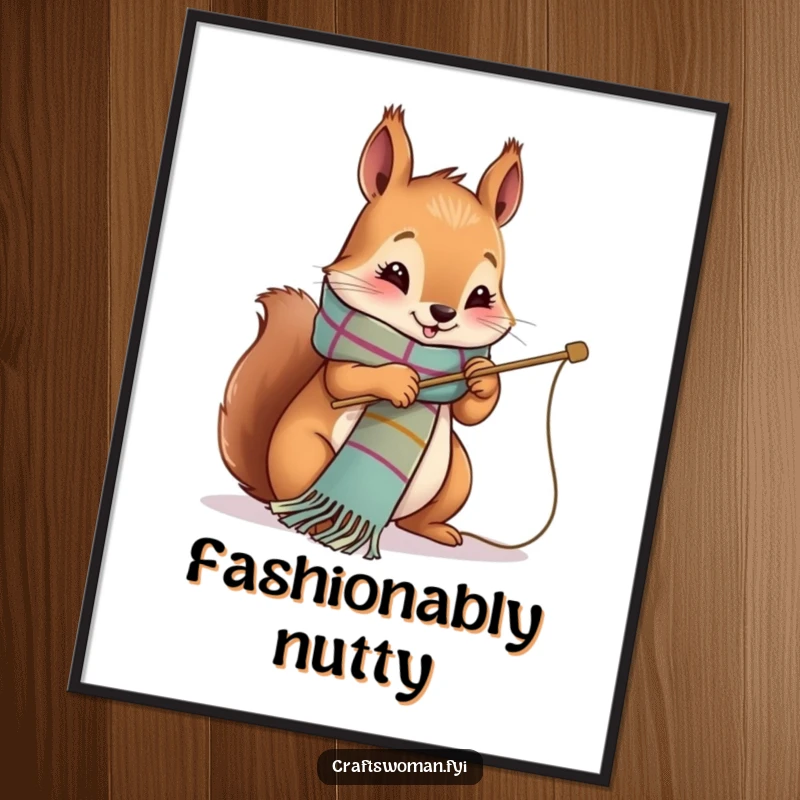 Funny Digital Art Print of a cute squirrel character happily stitching a vibrant scarf with a large needle.