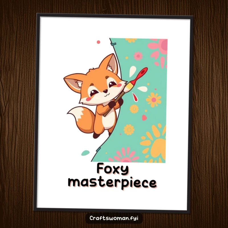 Funny Digital Art Print of a determined fox character enthusiastically painting a vibrant pattern onto fabric.