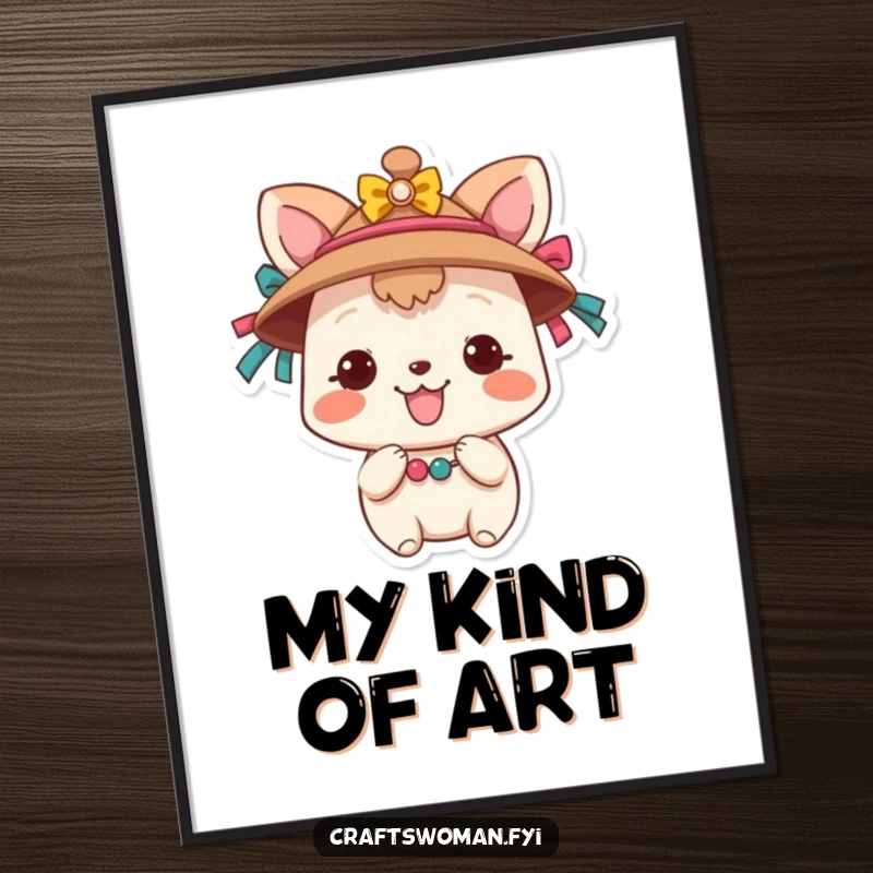 Funny Animal Hat Decorator Digital Art Print: A whimsical animal character skillfully adds colorful ribbons and beads to a hat, showcasing creative fun and humor.