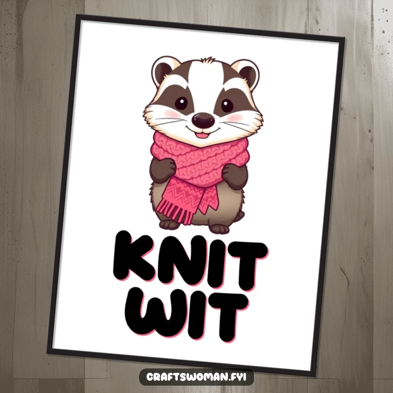 Funny digital art print of a smiling badger proudly displaying a handmade knitted scarf, perfect for decor.