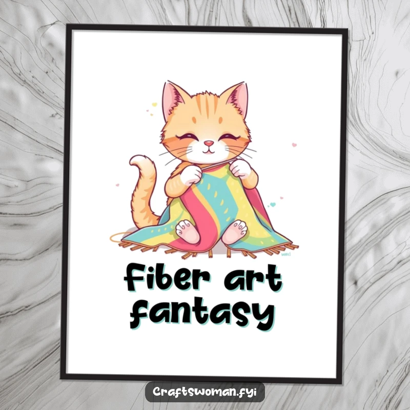 Funny digital art print of a happy cat sewing a large, colorful textile with big needles, ideal for instant crafty and humorous wall decor.