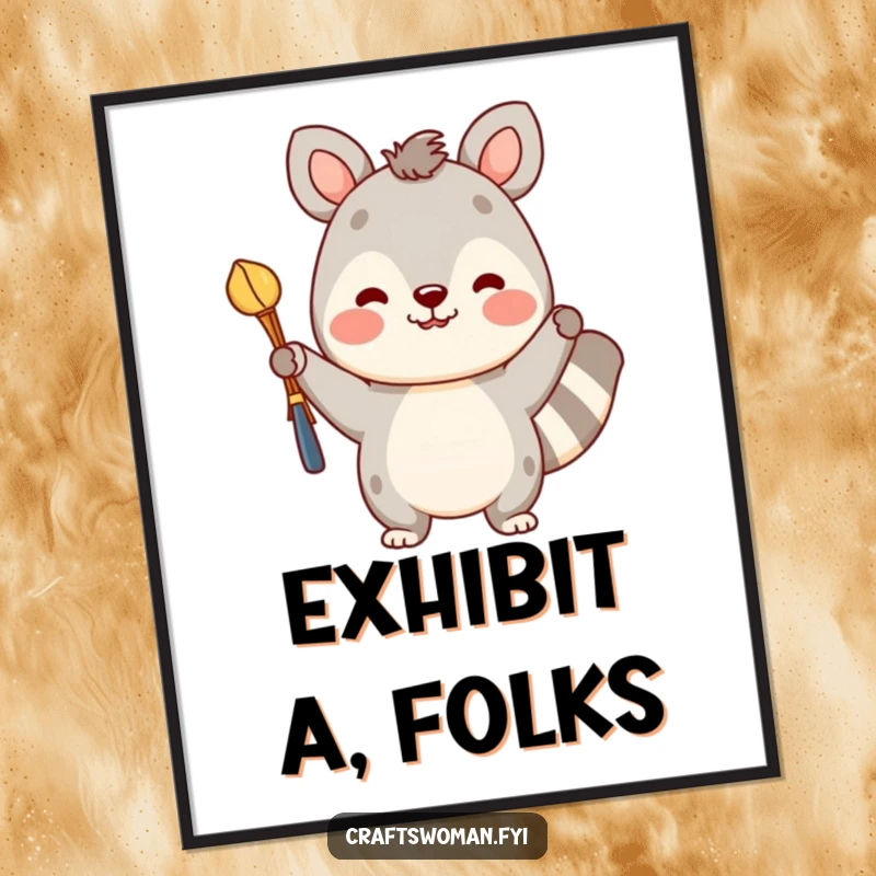 Funny digital art print of a cheerful animal character displaying a vibrant, finished craft with an expression of proud accomplishment.