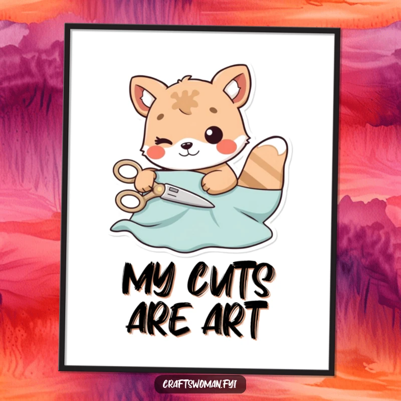 Funny digital art print of an animal character meticulously cutting a piece of material with playful scissors, capturing a crafting moment.