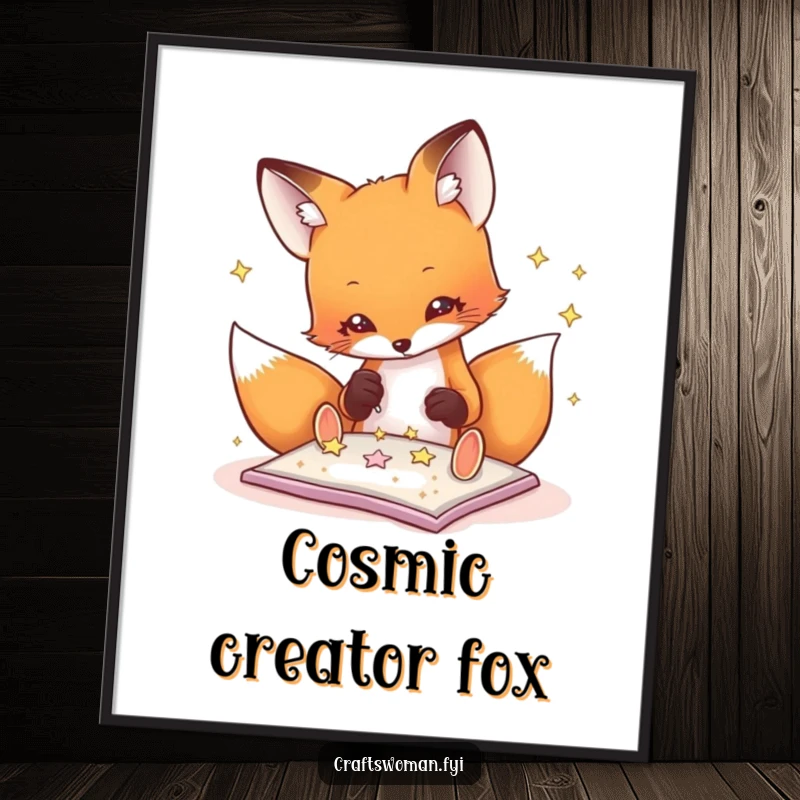 Funny fox digital art print of a playful fox carefully gluing glitter stars onto a craft project, adding whimsical decor.