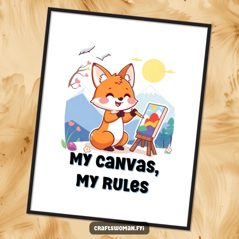 Funny digital art print of a happy fox character enthusiastically painting a colorful landscape, perfect for vibrant decor.