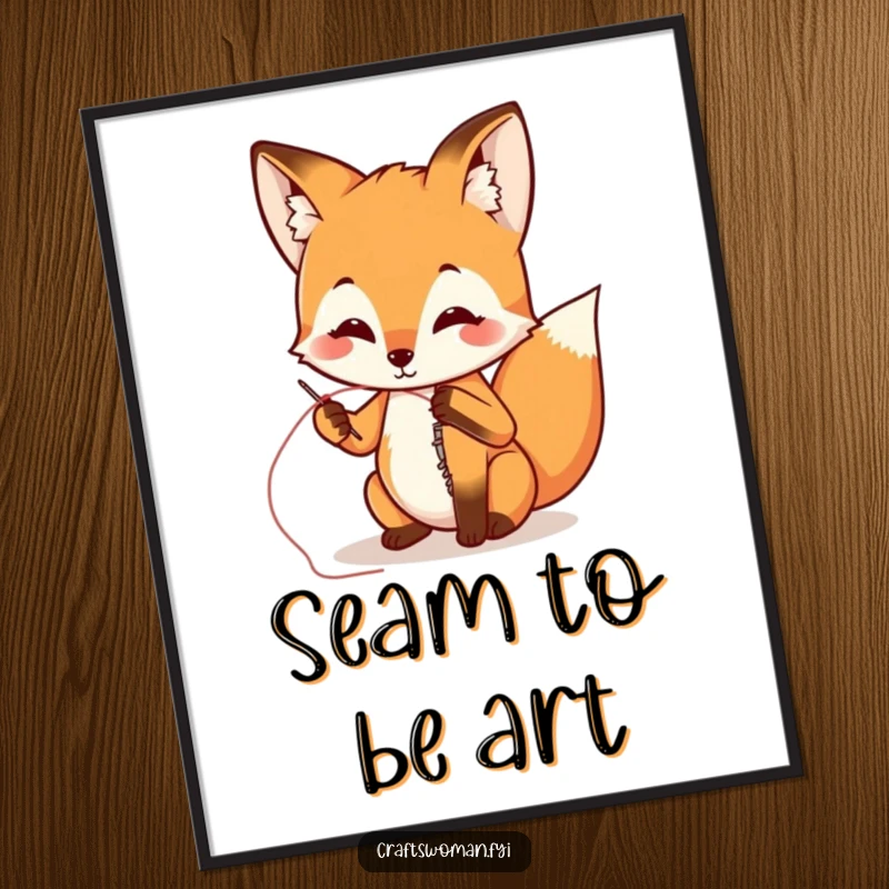 Funny fox sewing a ripped seam with needle and thread, as a digital art print, bringing humor to any wall. Instant download.