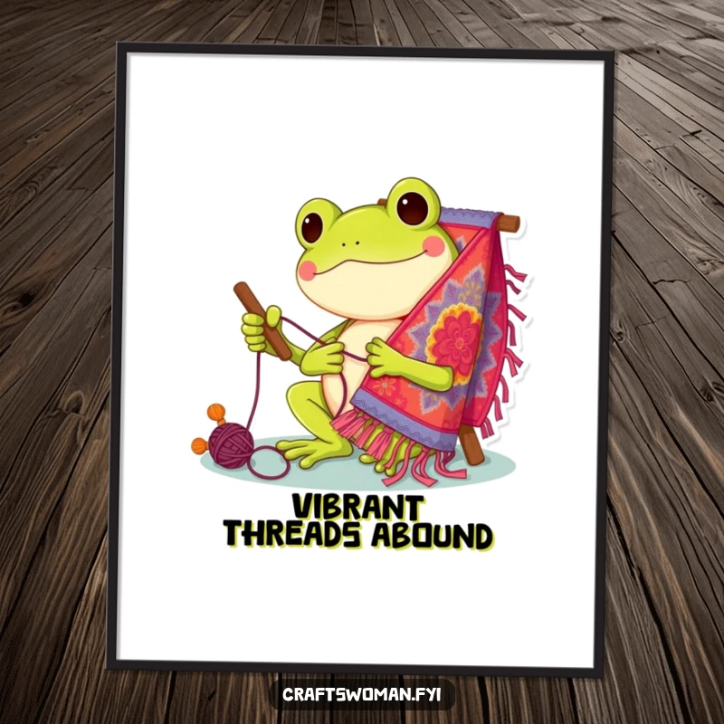 Funny Digital Art Print: Cheerful frog character happily stitching a vibrant and detailed tapestry, ready to be displayed.