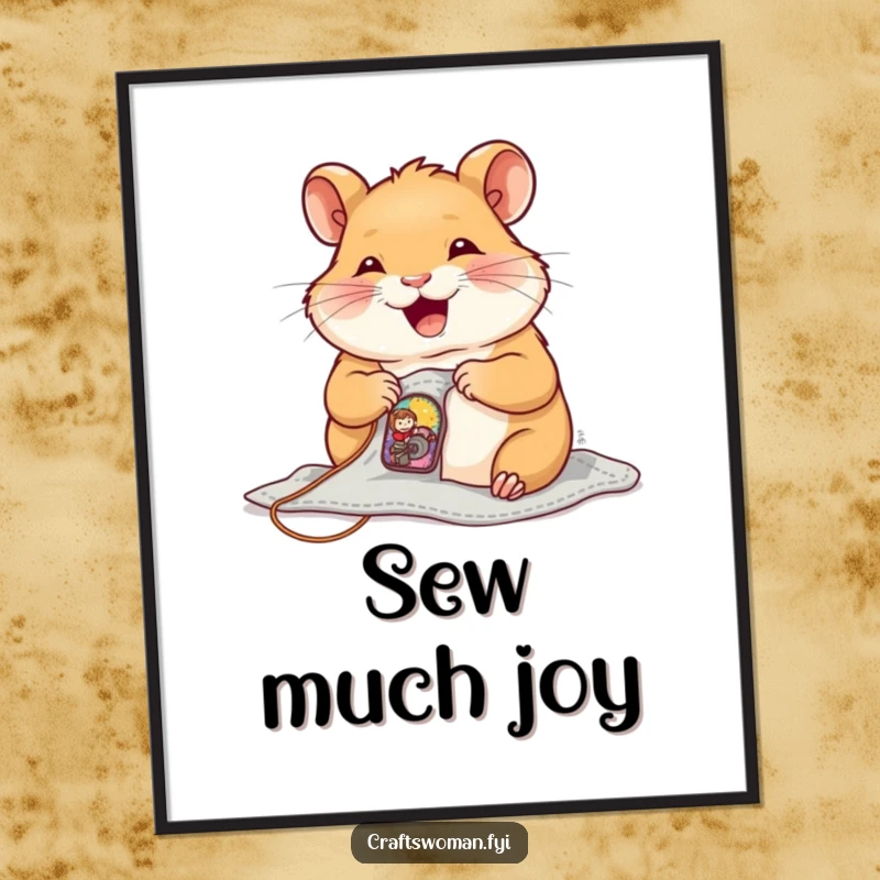 Funny Digital Art Print of a joyful hamster sewing a tiny, colorful patch onto a small garment.
