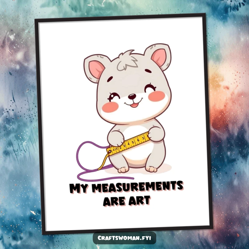 Funny digital art print of a happy animal character precisely measuring a length of yarn with a tape measure, celebrating crafting accuracy.