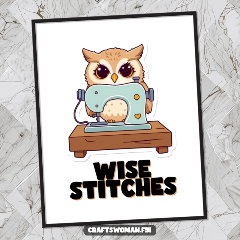 Funny digital art print of a curious owl expertly operating a miniature sewing machine, ready to adorn walls.