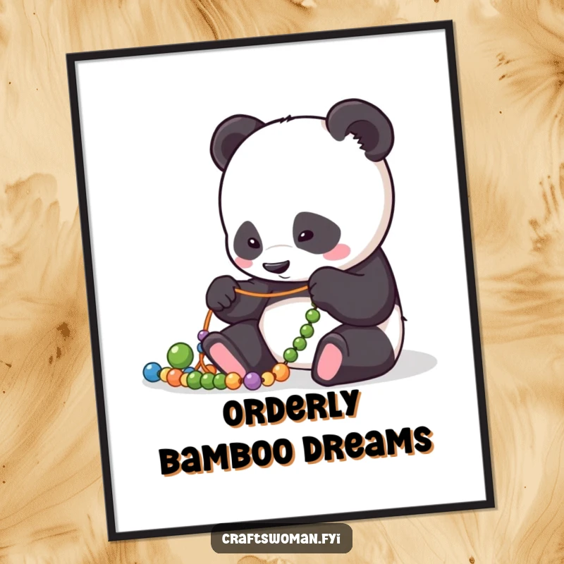 Funny Digital Art Print: Focused panda character meticulously arranging beads on a string, creating a piece of art.